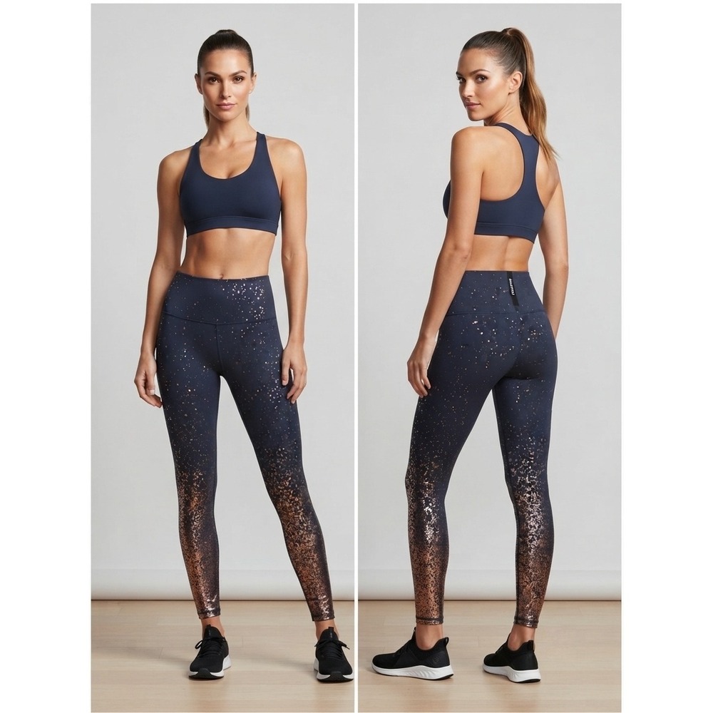 Peloton Womens High Waisted Navy Rose Gold Foil Splatter Leggings Small Yoga